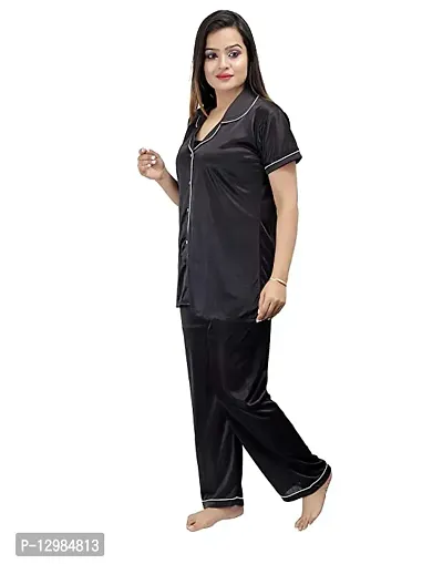 Womens Satin Night \ Solid nightsuit Suit ( Black)-thumb4