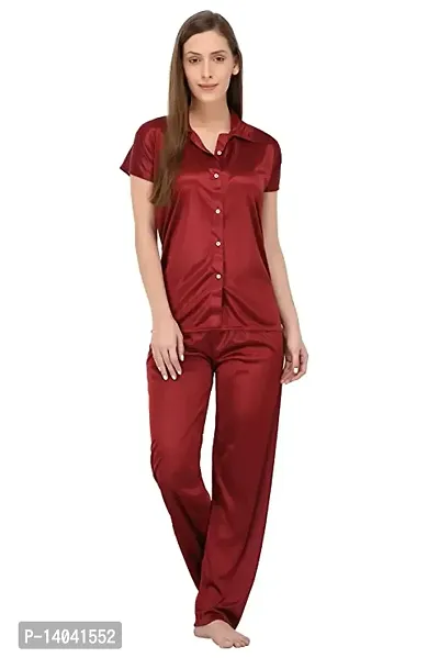 Womens Solid Satin night suit (Maroon)