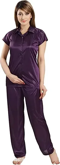 Womens Solid Satin night suit (Purple)