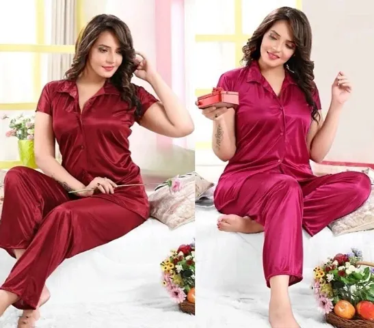 Satin nightsuit combo for women ( Maroon,Wine)