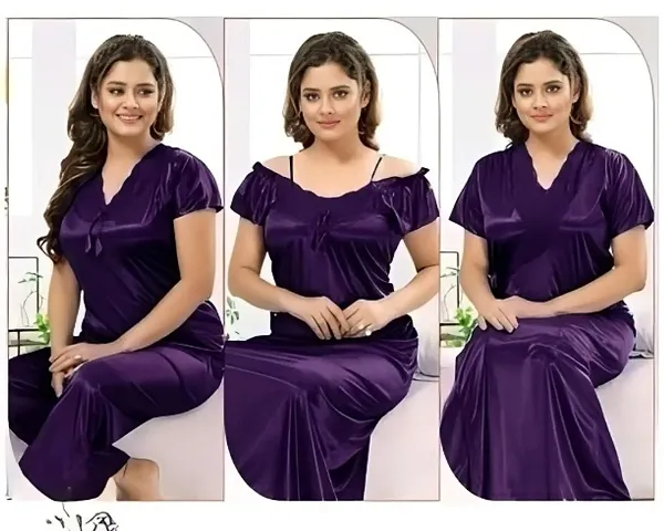 Fancy Satin Bridal Nightwear Set Of 4(Night Gown, Night Suit, Robe)