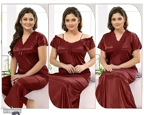 Satin 4 piece nighty set for women ( Maroon)