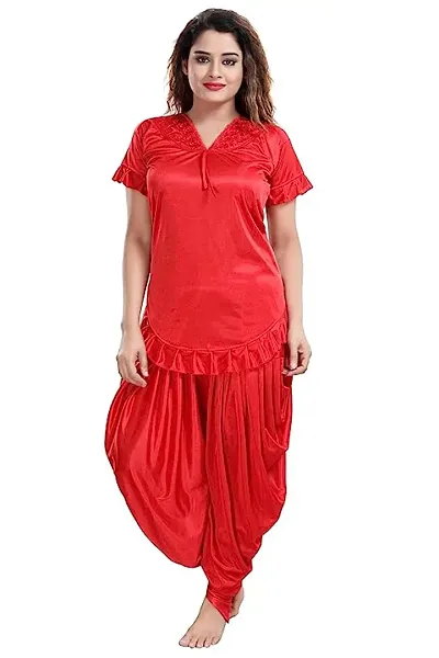 Kavanng Women's Satin Patiyala Nighty, Soft and Stylish Satin Nightwear for Women, Silky Night Suit Set, Fashionable Stylish Satin Patiyala Nightwear for Women