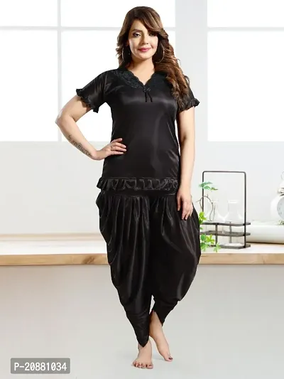 Satin Fancy solid Dhoti top Night suit ( Black)