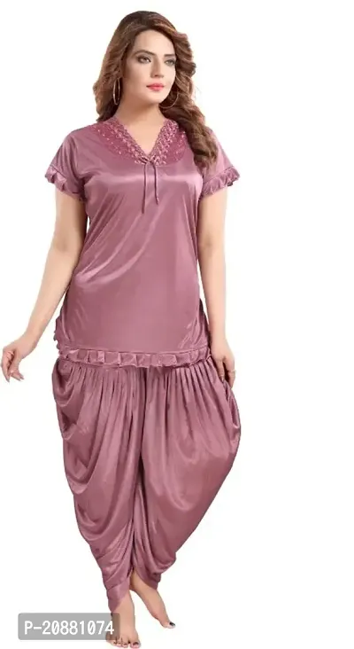 Satin Fancy solid Dhoti top Night suit ( Onion)