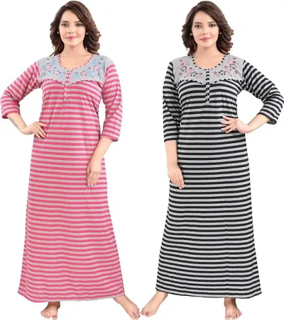 Classic Wool Striped Winter Nighty for Women, Pack of 2