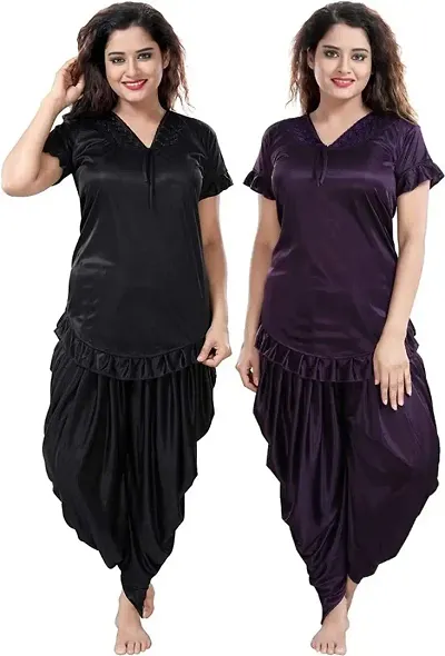 Pack Of 2 Women Fancy Satin Dhoti Top Nightsuit