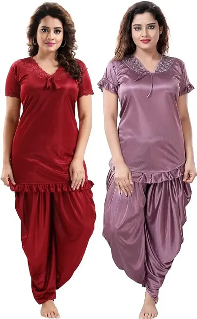 Women fancy Satin Dhoti top nightsuit For Stylish women( Maroon,Onion