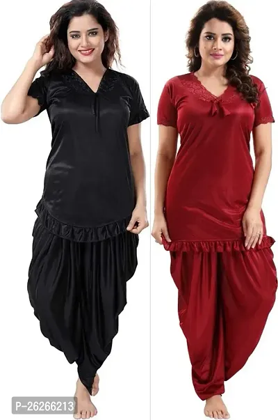 Classic Satin Solid Top and Pyjama Nighty set for Women, Pack of 2-thumb0