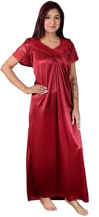 Women's Solid Satin Paan Gala Full length nighty ( Maroon)-thumb3