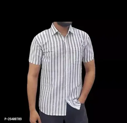 Trendy Grey Cotton Blend Short Sleeves Striped Casual Shirt For Men