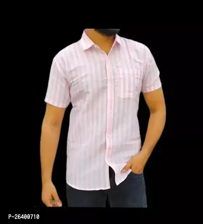 Trendy Pink Cotton Blend Short Sleeves Striped Casual Shirt For Men