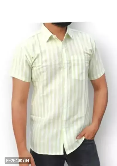 Trendy Green Cotton Blend Short Sleeves Striped Casual Shirt For Men