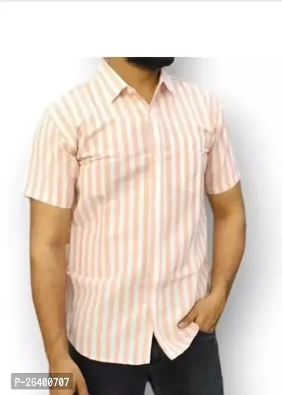 Trendy Peach Cotton Blend Short Sleeves Striped Casual Shirt For Men