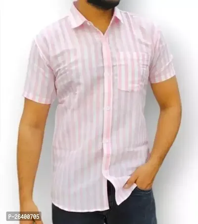 Trendy Pink Cotton Blend Short Sleeves Striped Casual Shirt For Men