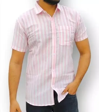 Trendy Blend Short Sleeves Striped Casual Shirt For Men