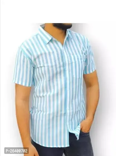 Trendy Blue Cotton Blend Short Sleeves Striped Casual Shirt For Men