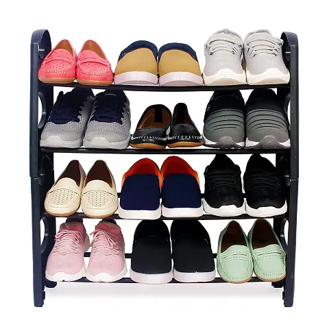 4 Shelves Shoe Rack, 12 Pairs Shoe Stand Organizer, Adjustable and Portable Plastic Shoe Rack for Door, Living Room