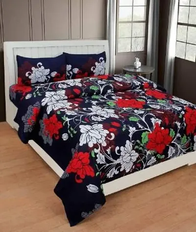 Cotton Villas 3D White Red Flowers Printed Bedsheet for Double Bed with 2 Pillow Cover Microfiber and Cotton Mix Color White (88 X 88 inch )