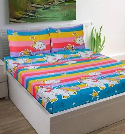 Printed Glace Cotton Elastic Fitted Double Bedsheet with 2 Pillow Covers