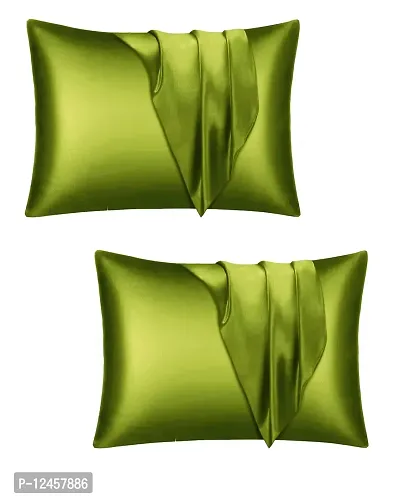 Stylish Green Satin Solid Pillow Covers- 2 Pieces-thumb0