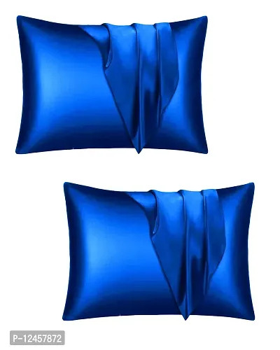 Stylish Blue Satin Solid Pillow Covers- 2 Pieces-thumb0