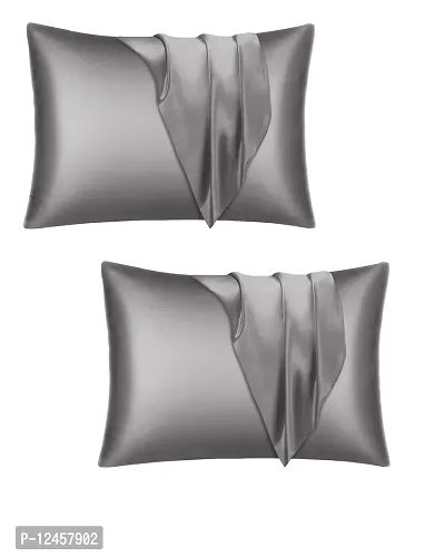 Stylish Grey Satin Solid Pillow Covers- 2 Pieces-thumb0