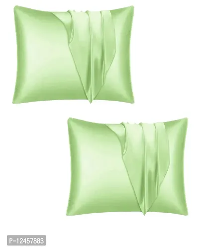 Stylish Green Satin Solid Pillow Covers- 2 Pieces-thumb0