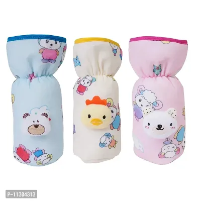 Da Anushi Soft Plush Stretchable Baby Feeding Bottle Cover with Easy to Hold Strap for Newborn/Toddler Babies - Cute Attractive Teddy Cartoon-Pack of 3 Medium (Pink,Blue,Yellow, 130-250 Ml)