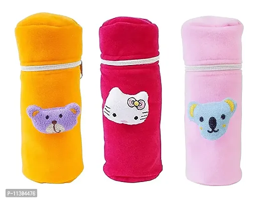 Da Anushi Soft Plush Stretchable Baby Feeding Bottle Cover with Attractive Cartoon Design & Easy to Hold Strap for Newborn Babies-Pack of 3 | Suitable for 130-250 ML (Yellow,Pink,BabyPink)