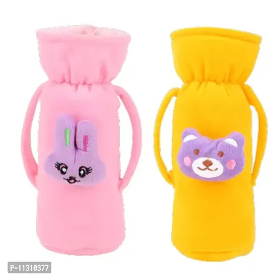 Da Anushi Soft Plush Stretchable Baby Feeding Handle Bottle Cover with Attractive Cartoon Design & Easy to Hold Strap for Newborn Babies, Suitable for 125-250 ML Bottle (Pack of 2, BabyPink Yellow)-thumb0