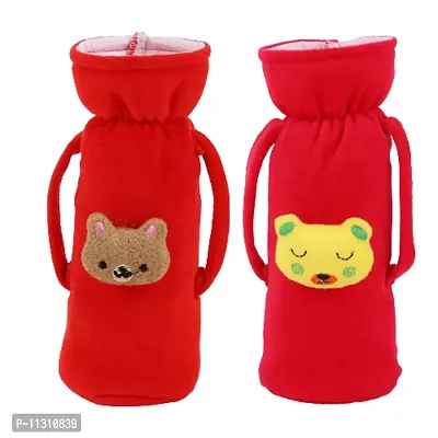Da Anushi Soft Plush Stretchable Baby Feeding Handle Bottle Cover with Attractive Cartoon Design & Easy to Hold Strap for Newborn Babies, Suitable for 125-250 ML Bottle (Pack of 2, Red Rani)