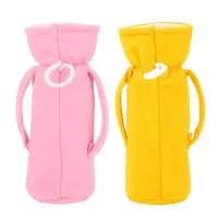 Da Anushi Soft Plush Stretchable Baby Feeding Handle Bottle Cover with Attractive Cartoon Design & Easy to Hold Strap for Newborn Babies, Suitable for 125-250 ML Bottle (Pack of 2, BabyPink Yellow)-thumb1