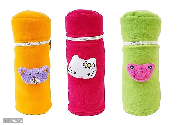Da Anushi Soft Plush Stretchable Baby Feeding Bottle Cover with Attractive Cartoon Design & Easy to Hold Strap for Newborn Babies-Pack of 3 | Suitable for 130-250 ML (Yellow,Pink,Green)