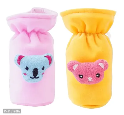 DA Anushi Soft Plush Stretchable Baby Feeding Bottle Cover Easy to Hold Strap with Cute Animated Cartoon| Suitable for 60-125 Ml Feeding Bottle(Light Pink-Yellow)-thumb0