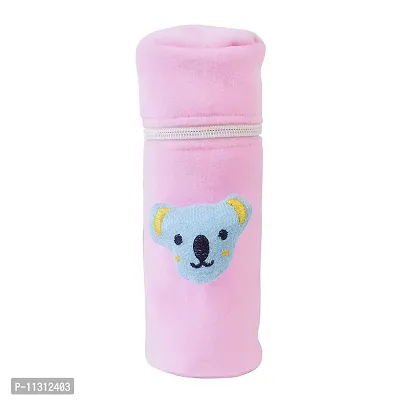 DA Anushi Soft Plush Stretchable Baby Feeding Bottle Cover Easy to Hold Strap and Zip | Suitable for 130 ML-250 ML Feeding Bottle-Dark Pink-Light Pink-thumb3