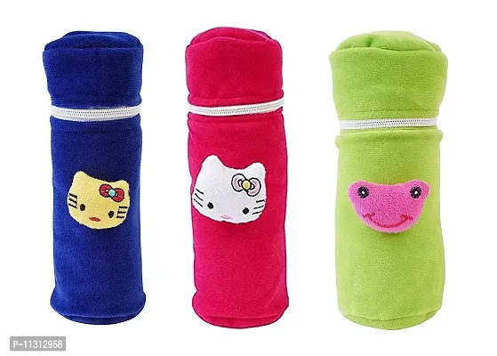 Da Anushi Soft Plush Stretchable Baby Feeding Bottle Cover with Attractive Cartoon Design & Easy to Hold Strap for Newborn Babies-Pack of 3 | Suitable for 130-250 ML (Blue,Pink,Green)
