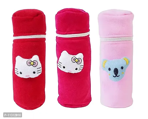 Da Anushi Soft Plush Stretchable Baby Feeding Bottle Cover with Attractive Cartoon Design & Easy to Hold Strap for Newborn Babies-Pack of 3 | Suitable for 130-250 ML (Red,Pink,BabyPink)