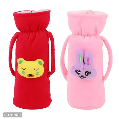 Da Anushi Soft Plush Stretchable Baby Feeding Handle Bottle Cover with Attractive Cartoon Design & Easy to Hold Strap for Newborn Babies, Suitable for 125-250 ML Bottle (Pack of 2, Rani BabyPink)-thumb0