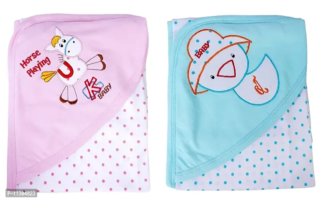 Da Anushi Baby's Polka Dot Printed Soft Cotton Wrapping Sheet Cum Baby Blanket Swaddle with Attractive Cartoon Embroidered Hood for Newborn Babies & Toddlers-Set of 2 (Blue,Pink)-thumb0