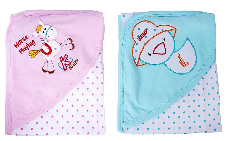 Da Anushi Baby's Polka Dot Printed Soft Cotton Wrapping Sheet Cum Baby Blanket Swaddle with Attractive Cartoon Embroidered Hood for Newborn Babies & Toddlers