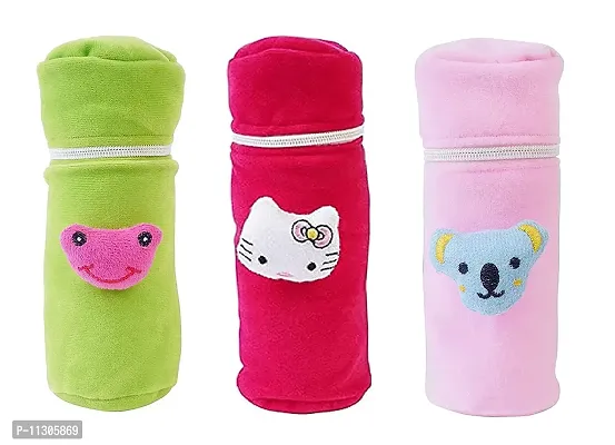 Da Anushi Soft Plush Stretchable Baby Feeding Bottle Cover with Attractive Cartoon Design & Easy to Hold Strap for Newborn Babies-Pack of 3 | Suitable for 130-250 ML (Green,Pink,BabyPink)