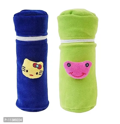 DA Anushi Soft Plush Stretchable Baby Feeding Bottle Cover Easy to Hold Strap and Zip | Suitable for 130 ML-250 ML Feeding Bottle-Green-Dark Blue