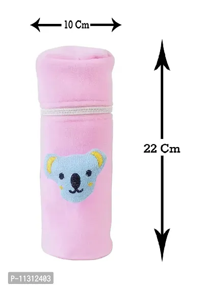 DA Anushi Soft Plush Stretchable Baby Feeding Bottle Cover Easy to Hold Strap and Zip | Suitable for 130 ML-250 ML Feeding Bottle-Dark Pink-Light Pink-thumb4