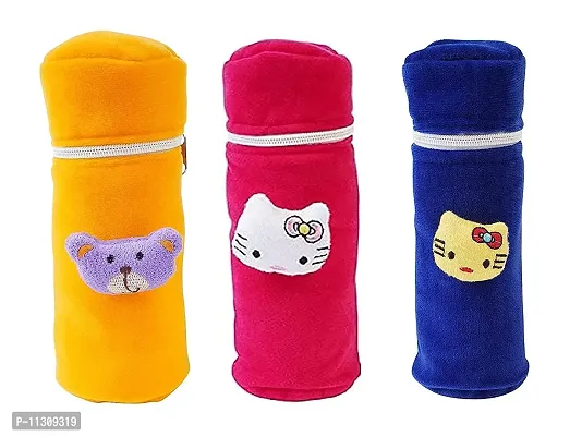 Da Anushi Soft Plush Stretchable Baby Feeding Bottle Cover with Attractive Cartoon Design & Easy to Hold Strap for Newborn Babies-Pack of 3 | Suitable for 130-250 ML (Yellow,Pink,Blue)