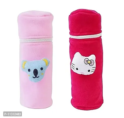 DA Anushi Soft Plush Stretchable Baby Feeding Bottle Cover Easy to Hold Strap and Zip | Suitable for 130 ML-250 ML Feeding Bottle-Dark Pink-Light Pink-thumb0