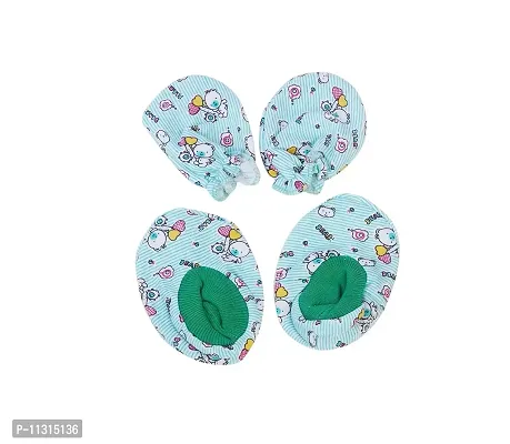 Da Anushi Soft Cotton Printed Mitten Booties Cap Set With 1 Extra Mitten and Booties Set/Newborn Cap Set/Newborn Gloves Set/Newborn Socks Set/Newborn Mitten Set For Babies, Infants- DarkGreen-thumb3