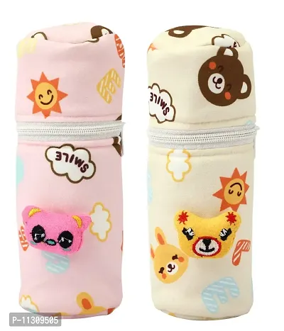 Da Anushi Soft Plush Stretchable Baby Feeding Zip Bottle Cover with Easy to Hold Strap for Newborn/Toddler Babies - Cute Attractive Teddy Cartoon-Pack of 2 (Pink,Yellow, 130-250 Ml)