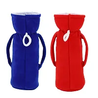 Da Anushi Soft Plush Stretchable Baby Feeding Handle Bottle Cover with Attractive Cartoon Design & Easy to Hold Strap for Newborn Babies, Suitable for 125-250 ML Bottle (Pack of 2, Blue, Red)-thumb1