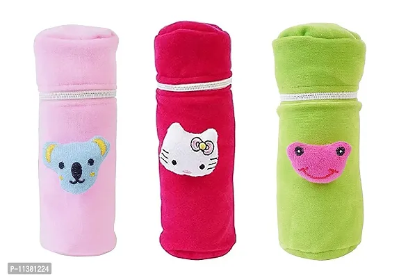 Da Anushi Soft Plush Stretchable Baby Feeding Bottle Cover with Attractive Cartoon Design & Easy to Hold Strap for Newborn Babies-Pack of 3 | Suitable for 130-250 ML (BabyPink,Pink,Green)